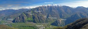 2. Geologicamente, le Traverse di Arnad sono costituite di rocce continentali silicee ("gneiss minuti"), salvo un inserimento di rocce oceaniche (calcescisti prevalenti). In rosso le sei fornaci.