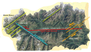 Fig. 02 - Alcune strutture su cui si imposta il rilievo valdostano. In verdino le strutture profonde della compressione alpina, in altri colori i vari sistemi di strutture superficiali rigide (faglie).