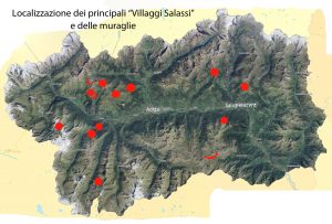 1. La distribuzione dei villaggi e delle muraglie si addensa attorno alla conca di Aosta, con un polo secondario più ad est.