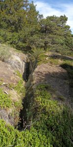 3.Frattura beante su anfibolite lungo il sentiero di Saint-Evence (Saint-Denis). Roccia in posto, al bordo di grande DGPV.