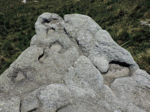 06. Faccia superiore di un blocco di metagranito a struttura interna disposta in piani. Forme di erosione controllate dai piani di giacitura dei minerali.