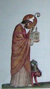 06. San Teodulo rappresentato con il diavolo sulla facciata della cappella di Crépin (Valtournenche). La pittura ottocentesca riprende i motivi della Controriforma.