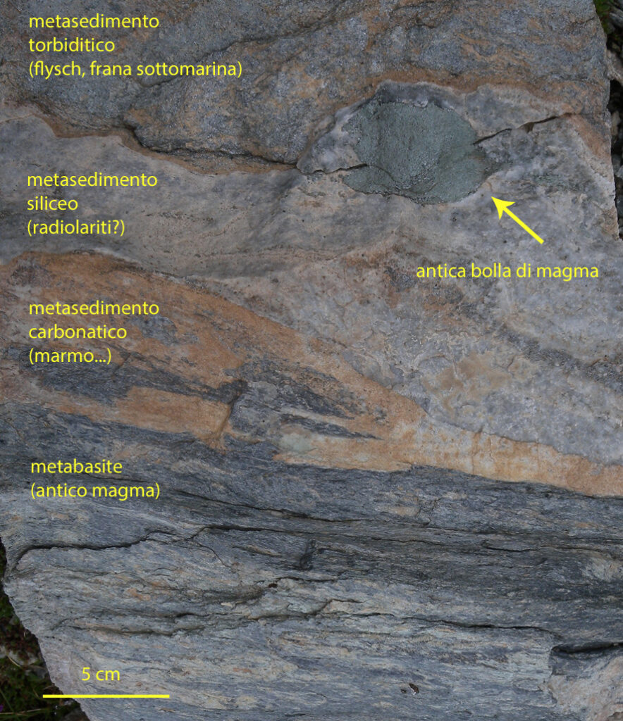 07. In pochi decimetri di roccia si sovrappongono eventi e materiali che movimentavano l'antico fondo oceanico sotto la colonna d'acqua.