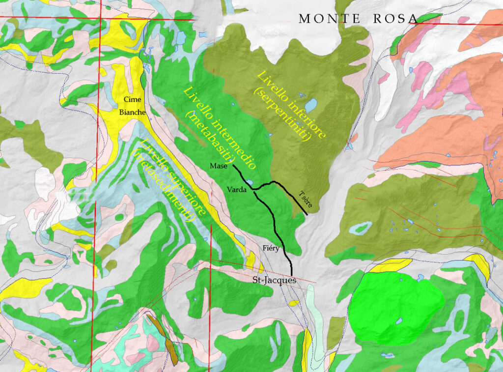 08. Carta geologica dell'alta Valle d'Ayas con il tracciato del nostro itinerario. Sono evidenziati il Monte Rosa, le Cime Bianche e i tre livelli in cui si suddivide l'antico fondo oceanico.